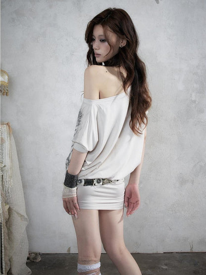 NO ROMANCE Printed Asymmetrical Batwing Bodycon Women&
