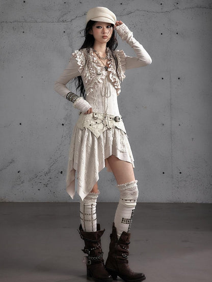 NO ROMANCE Printed Lace Trim Asymmetric Women&