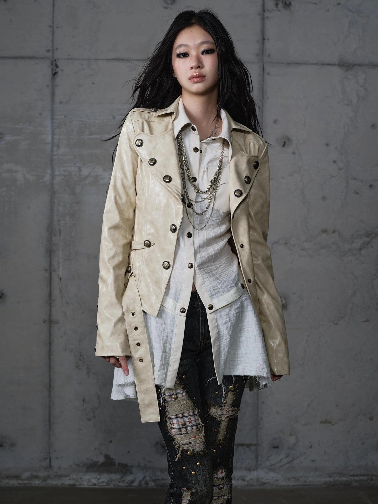 NO ROMANCE Printed Zip Up Loose Fit Crew Neck Long Sleeve Women Commuter Khaki Jacket