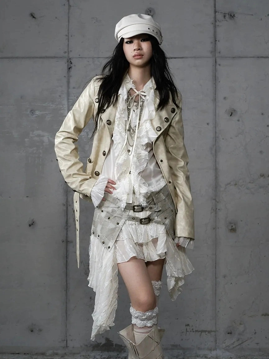 NO ROMANCE Printed Zip Up Loose Fit Crew Neck Long Sleeve Women Commuter Khaki Jacket