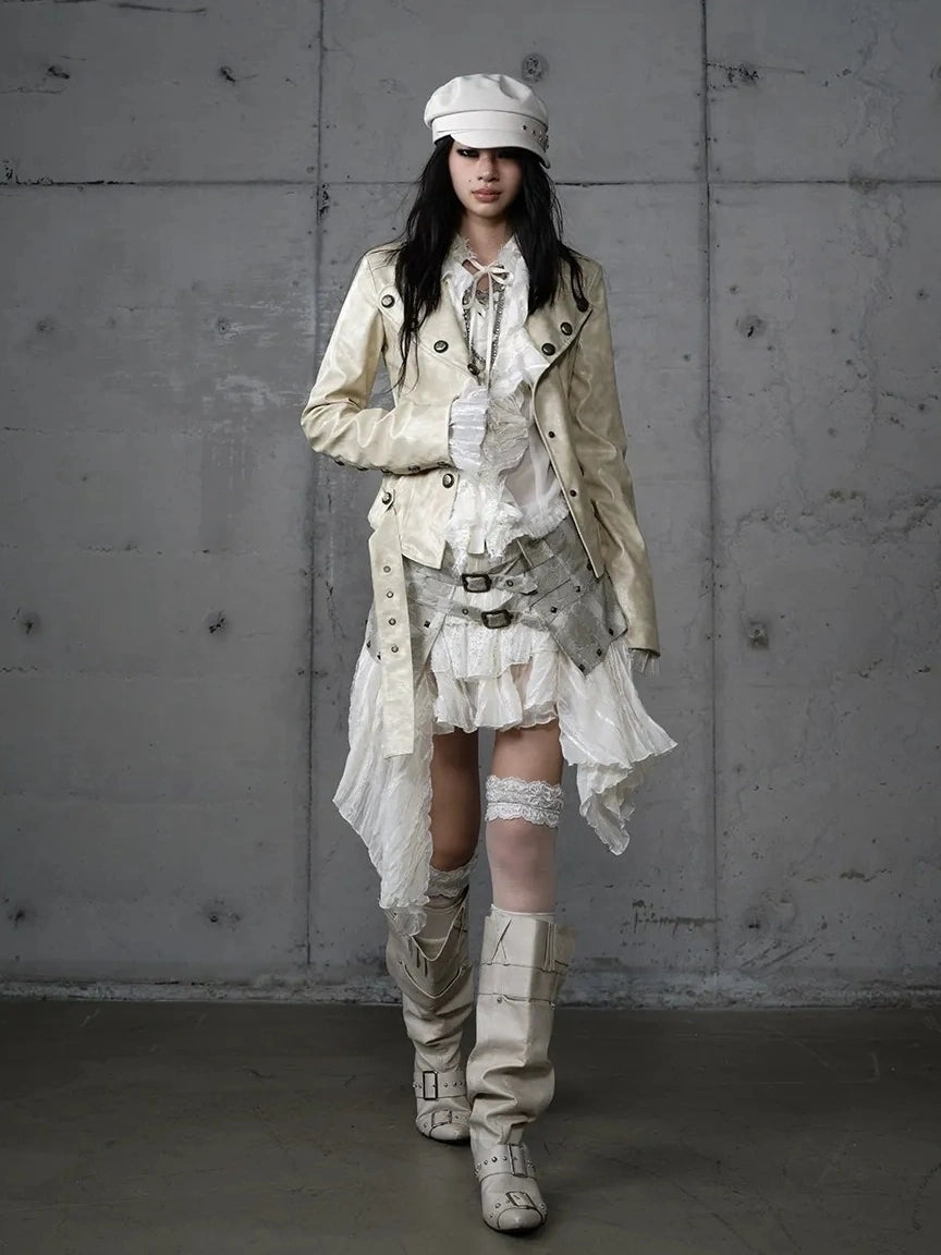 NO ROMANCE Printed Zip Up Loose Fit Crew Neck Long Sleeve Women Commuter Khaki Jacket