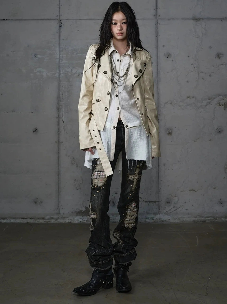 NO ROMANCE Printed Zip Up Loose Fit Crew Neck Long Sleeve Women Commuter Khaki Jacket