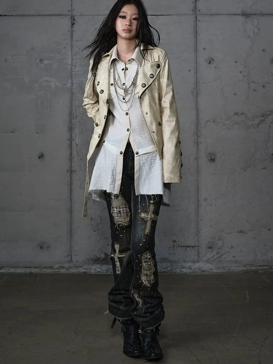 NO ROMANCE Printed Zip Up Loose Fit Crew Neck Long Sleeve Women Commuter Khaki Jacket