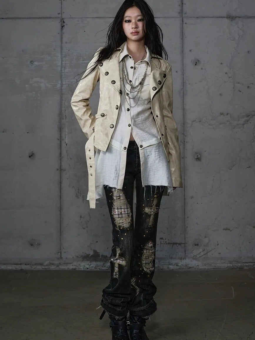 NO ROMANCE Printed Zip Up Loose Fit Crew Neck Long Sleeve Women Commuter Khaki Jacket