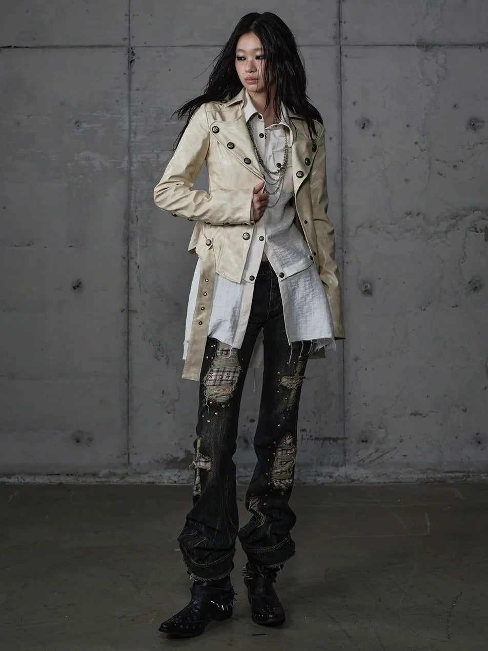 NO ROMANCE Printed Zip Up Loose Fit Crew Neck Long Sleeve Women Commuter Khaki Jacket