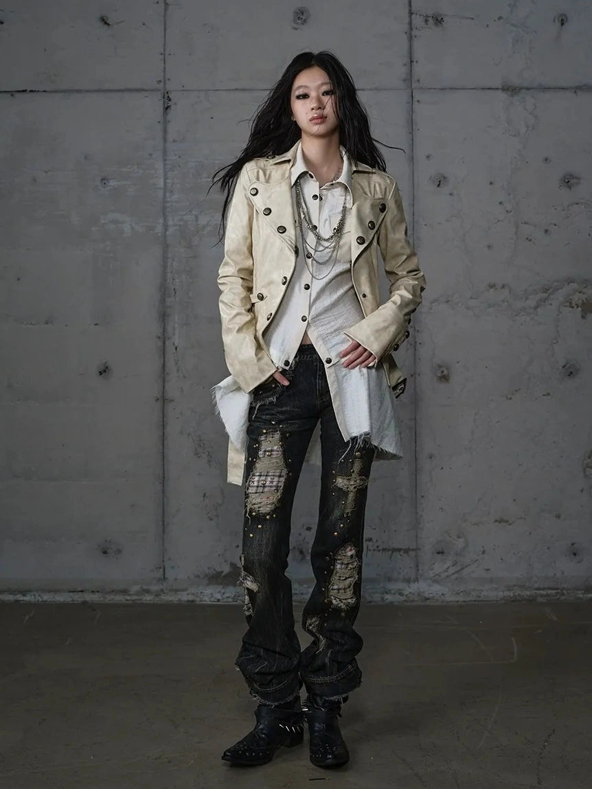 NO ROMANCE Printed Zip Up Loose Fit Crew Neck Long Sleeve Women Commuter Khaki Jacket