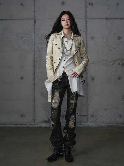 NO ROMANCE Printed Zip Up Loose Fit Crew Neck Long Sleeve Women Commuter Khaki Jacket