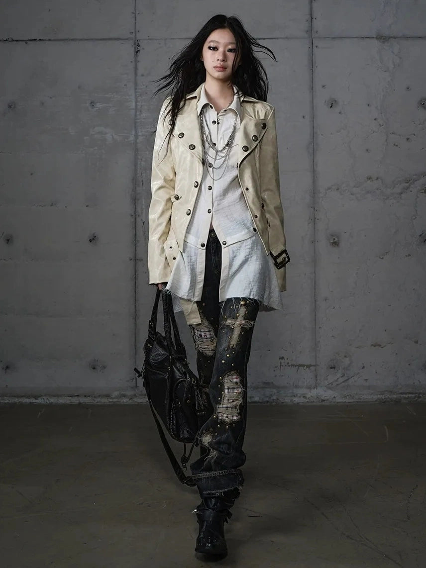 NO ROMANCE Printed Zip Up Loose Fit Crew Neck Long Sleeve Women Commuter Khaki Jacket