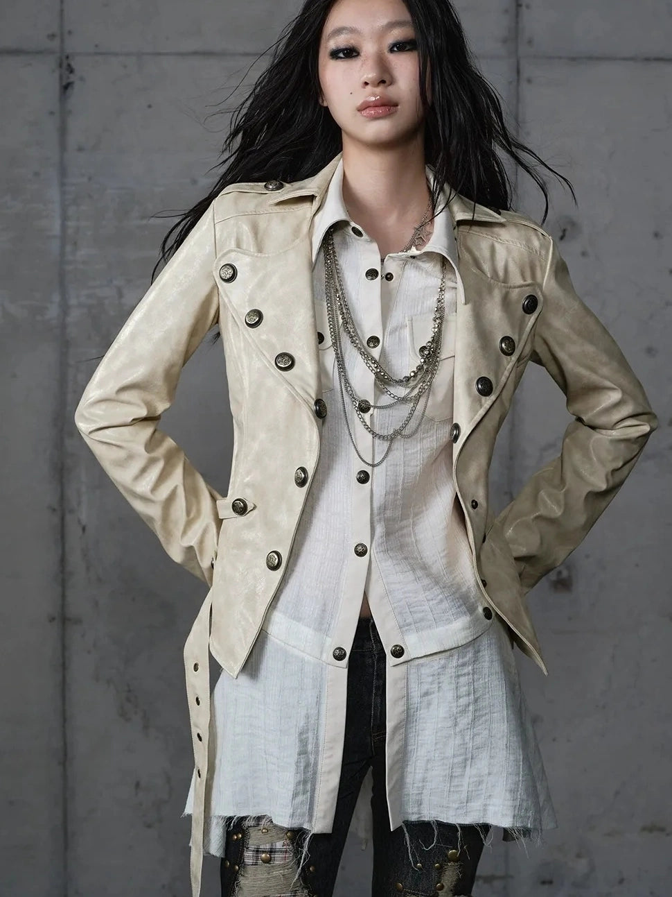 NO ROMANCE Printed Zip Up Loose Fit Crew Neck Long Sleeve Women Commuter Khaki Jacket