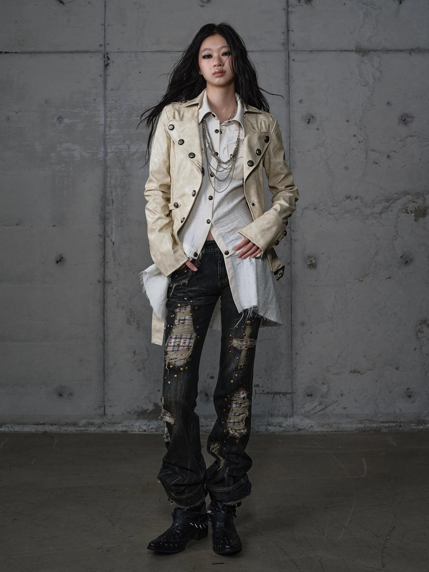 NO ROMANCE Printed Zip Up Loose Fit Crew Neck Long Sleeve Women Commuter Khaki Jacket