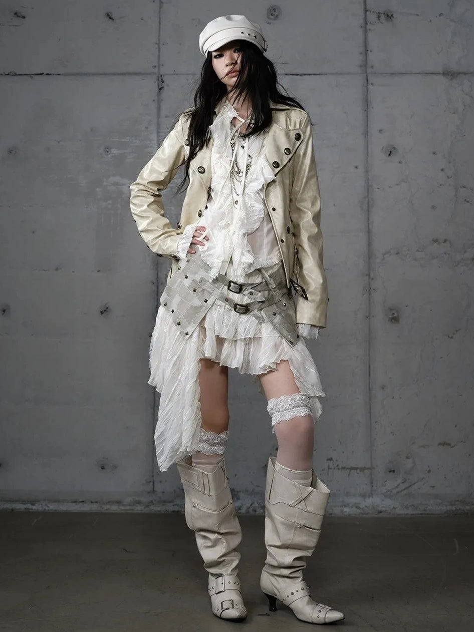 NO ROMANCE Printed Zip Up Loose Fit Crew Neck Long Sleeve Women Commuter Khaki Jacket