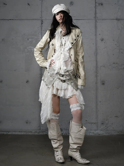 NO ROMANCE Printed Zip Up Loose Fit Crew Neck Long Sleeve Women Commuter Khaki Jacket