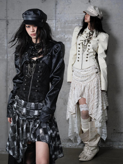 NO ROMANCE Pu Leather Cropped Punk Style Stand Collar Snap Button Women Moto Jacket