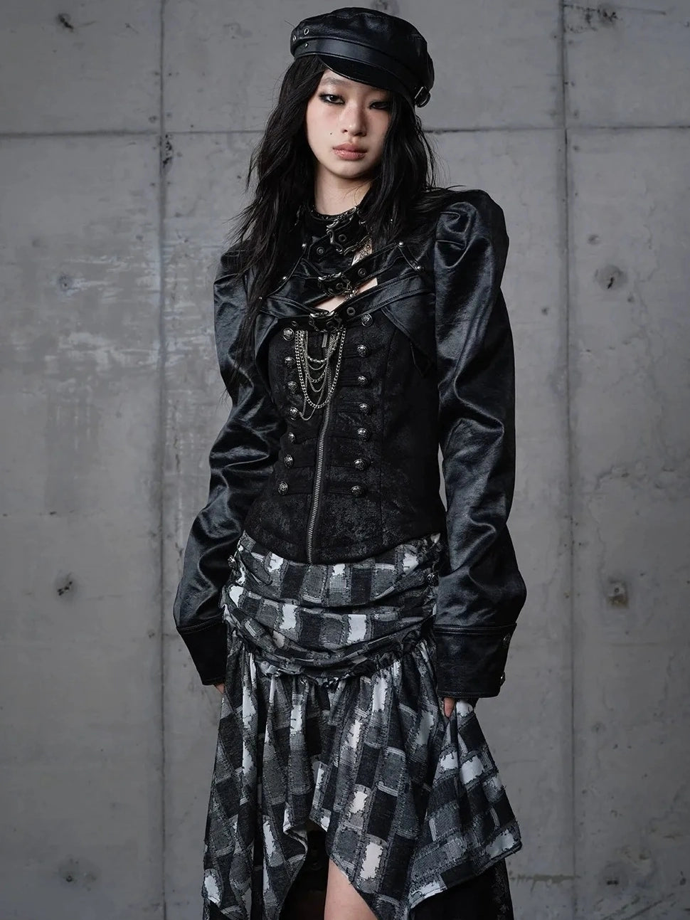 NO ROMANCE Pu Leather Cropped Punk Style Stand Collar Snap Button Women Moto Jacket