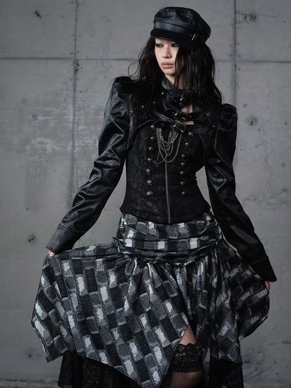 NO ROMANCE Pu Leather Cropped Punk Style Stand Collar Snap Button Women Moto Jacket