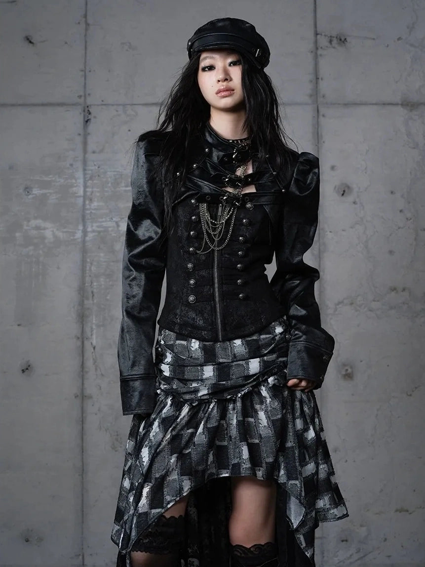 NO ROMANCE Pu Leather Cropped Punk Style Stand Collar Snap Button Women Moto Jacket