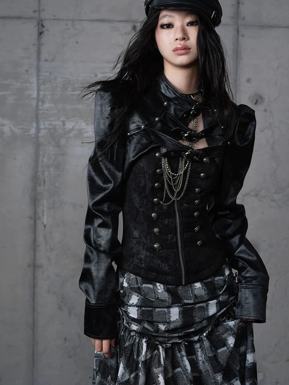 NO ROMANCE Pu Leather Cropped Punk Style Stand Collar Snap Button Women Moto Jacket