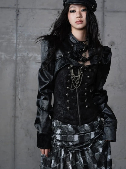 NO ROMANCE Pu Leather Cropped Punk Style Stand Collar Snap Button Women Moto Jacket