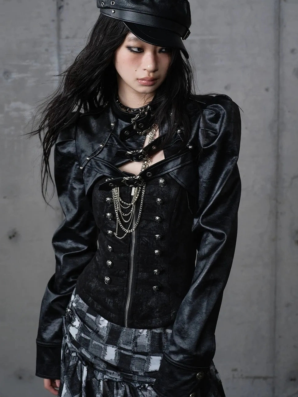 NO ROMANCE Pu Leather Cropped Punk Style Stand Collar Snap Button Women Moto Jacket