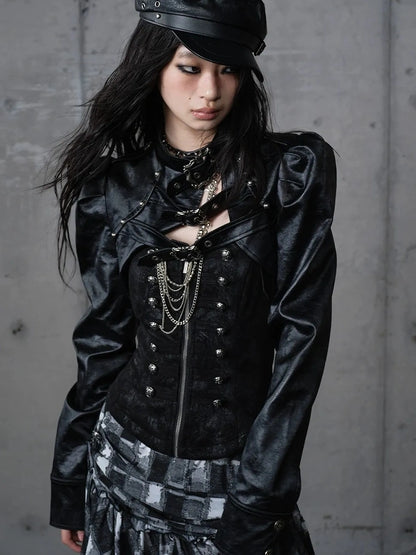 NO ROMANCE Pu Leather Cropped Punk Style Stand Collar Snap Button Women Moto Jacket