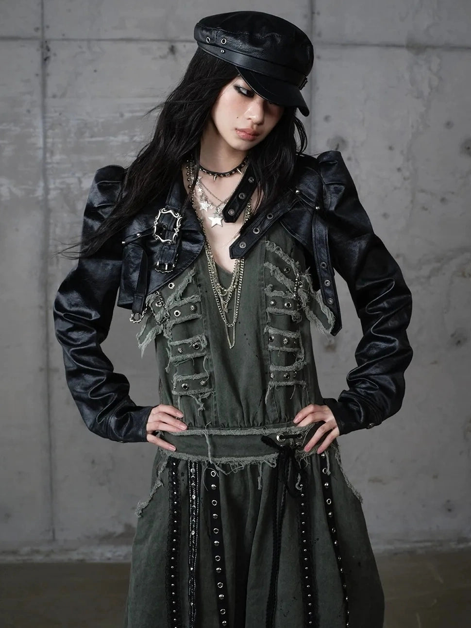 NO ROMANCE Pu Leather Cropped Punk Style Stand Collar Snap Button Women Moto Jacket