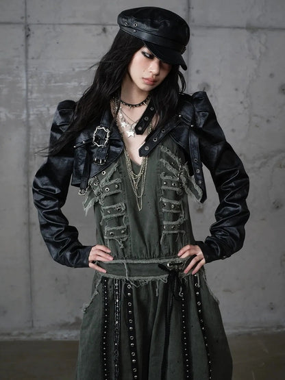 NO ROMANCE Pu Leather Cropped Punk Style Stand Collar Snap Button Women Moto Jacket