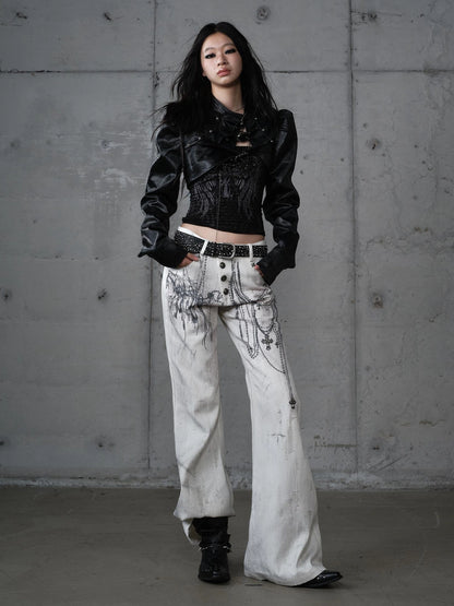 NO ROMANCE Pu Leather Cropped Punk Style Stand Collar Snap Button Women Moto Jacket