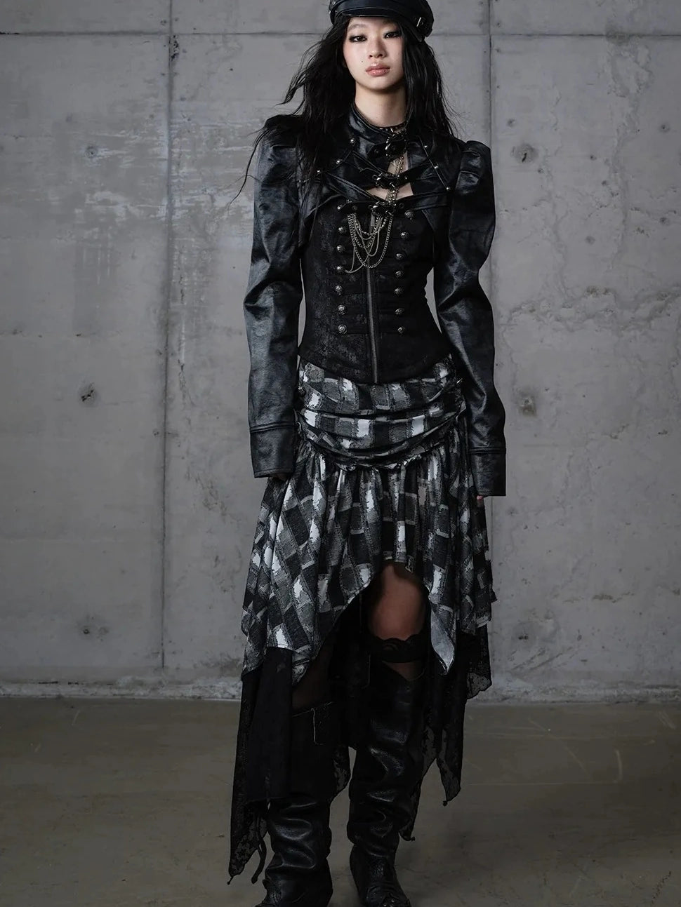 NO ROMANCE Pu Leather Cropped Punk Style Stand Collar Snap Button Women Moto Jacket