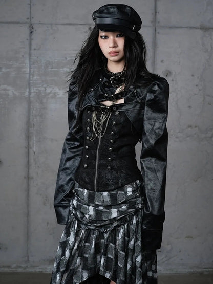 NO ROMANCE Pu Leather Cropped Punk Style Stand Collar Snap Button Women Moto Jacket