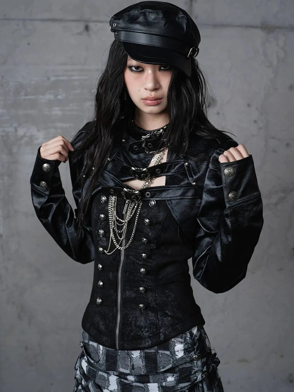 NO ROMANCE Pu Leather Cropped Punk Style Stand Collar Snap Button Women Moto Jacket