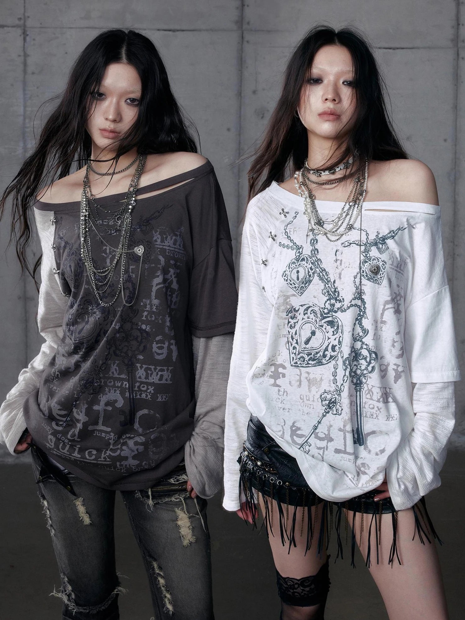 Punk Graphic Print Loose Fit Off Shoulder Long Sleeve Women T-Shirt