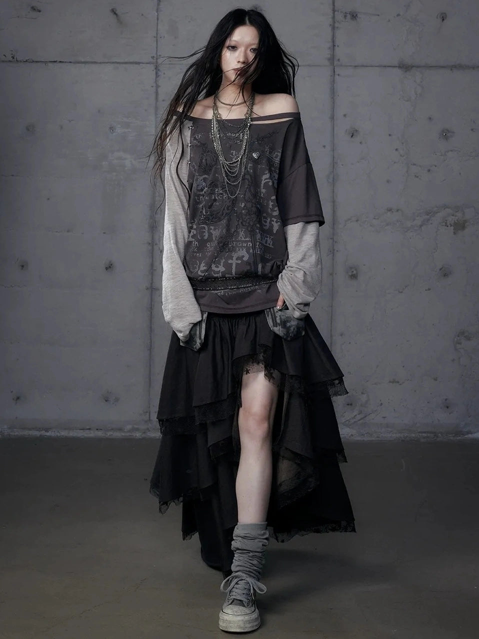 Punk Graphic Print Loose Fit Off Shoulder Long Sleeve Women T-Shirt