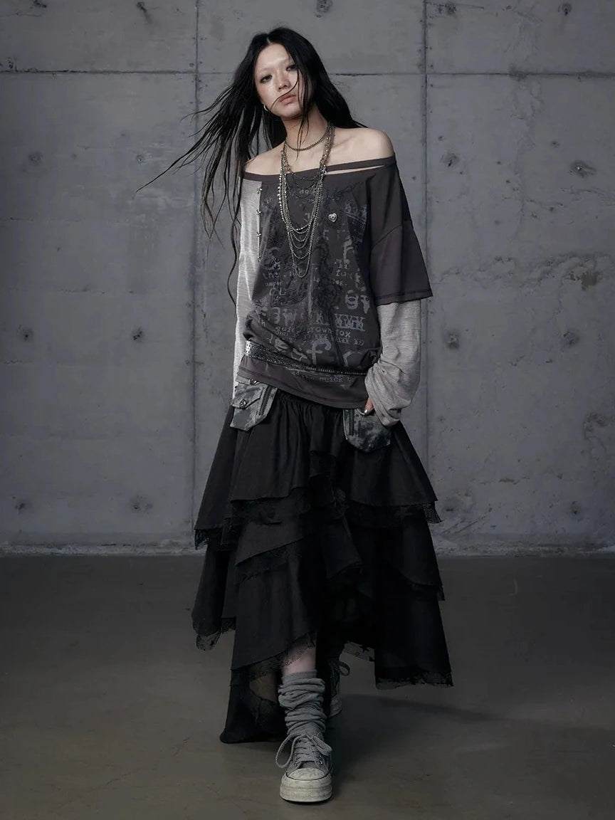 Punk Graphic Print Loose Fit Off Shoulder Long Sleeve Women T-Shirt