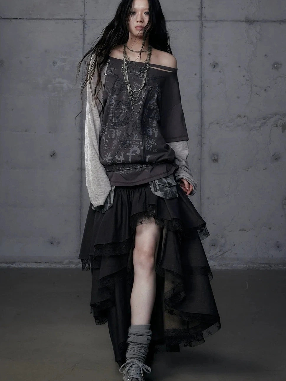 Punk Graphic Print Loose Fit Off Shoulder Long Sleeve Women T-Shirt