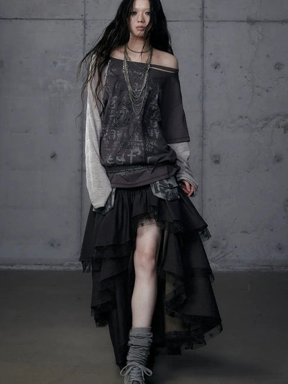 Punk Graphic Print Loose Fit Off Shoulder Long Sleeve Women T-Shirt