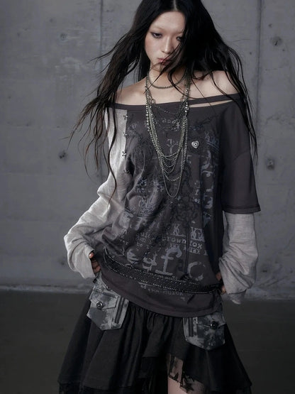 Punk Graphic Print Loose Fit Off Shoulder Long Sleeve Women T-Shirt