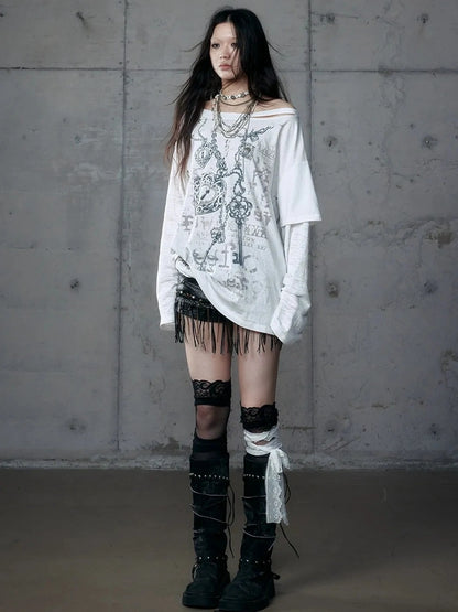 Punk Graphic Print Loose Fit Off Shoulder Long Sleeve Women T-Shirt