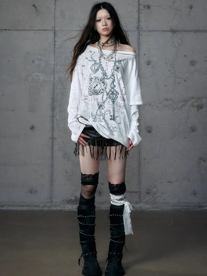 Punk Graphic Print Loose Fit Off Shoulder Long Sleeve Women T-Shirt