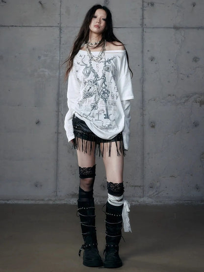 Punk Graphic Print Loose Fit Off Shoulder Long Sleeve Women T-Shirt