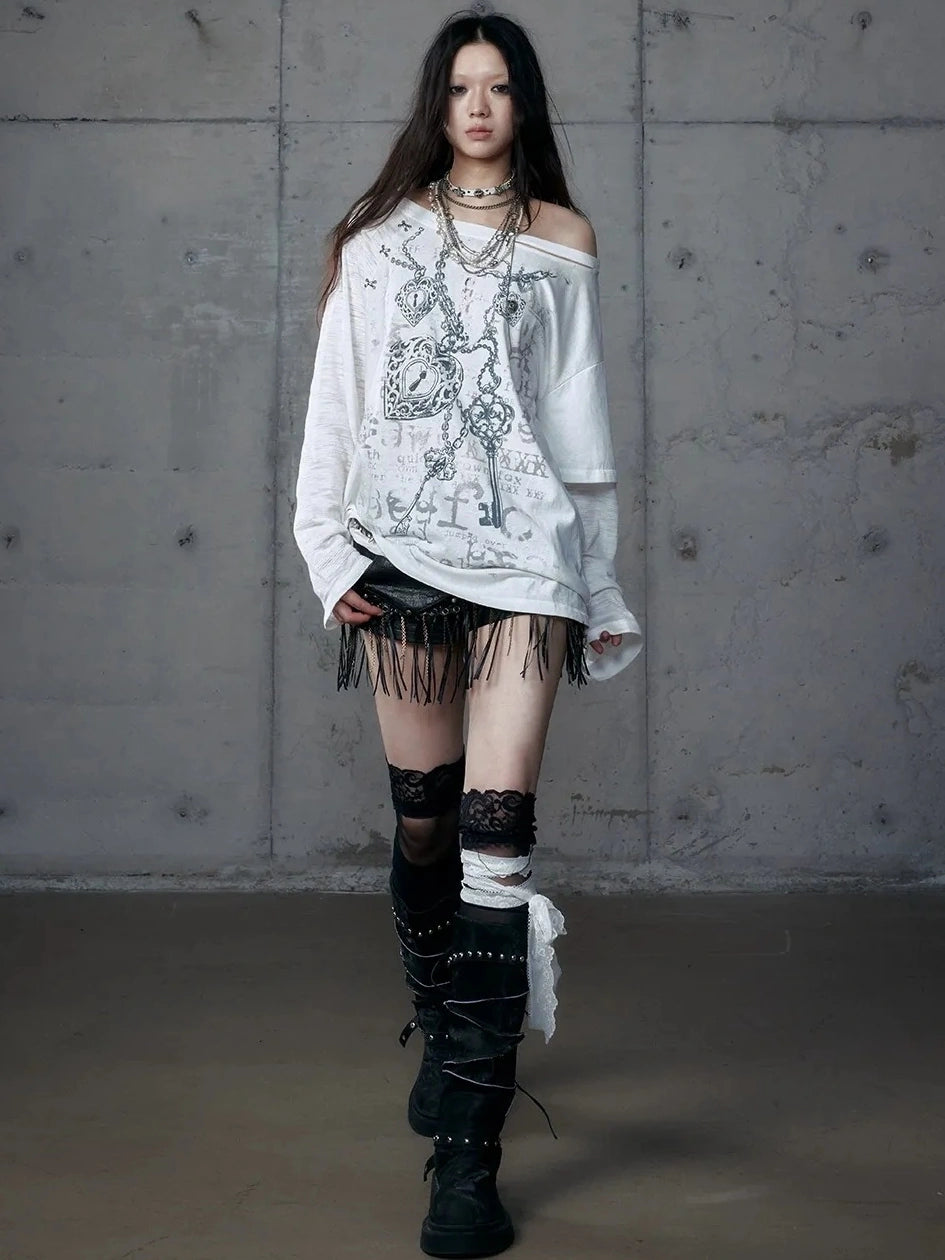 Punk Graphic Print Loose Fit Off Shoulder Long Sleeve Women T-Shirt