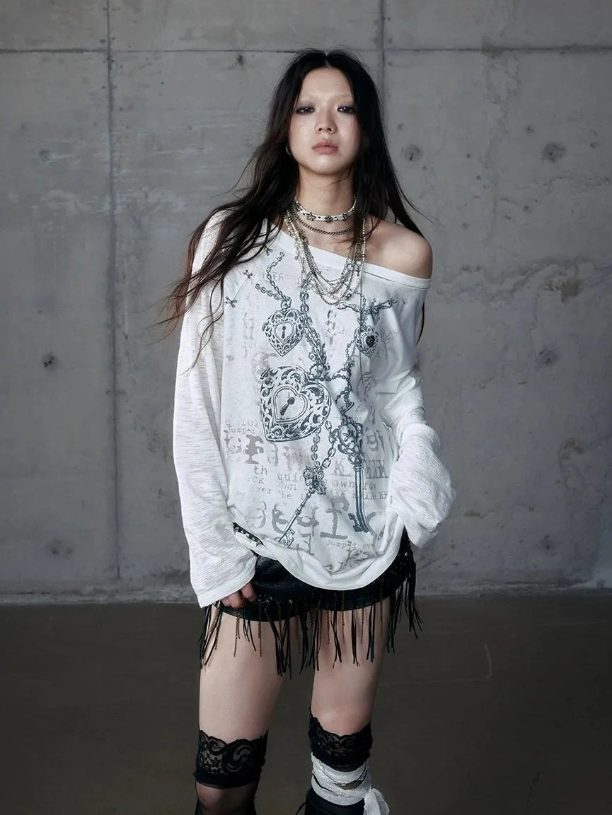 Punk Graphic Print Loose Fit Off Shoulder Long Sleeve Women T-Shirt