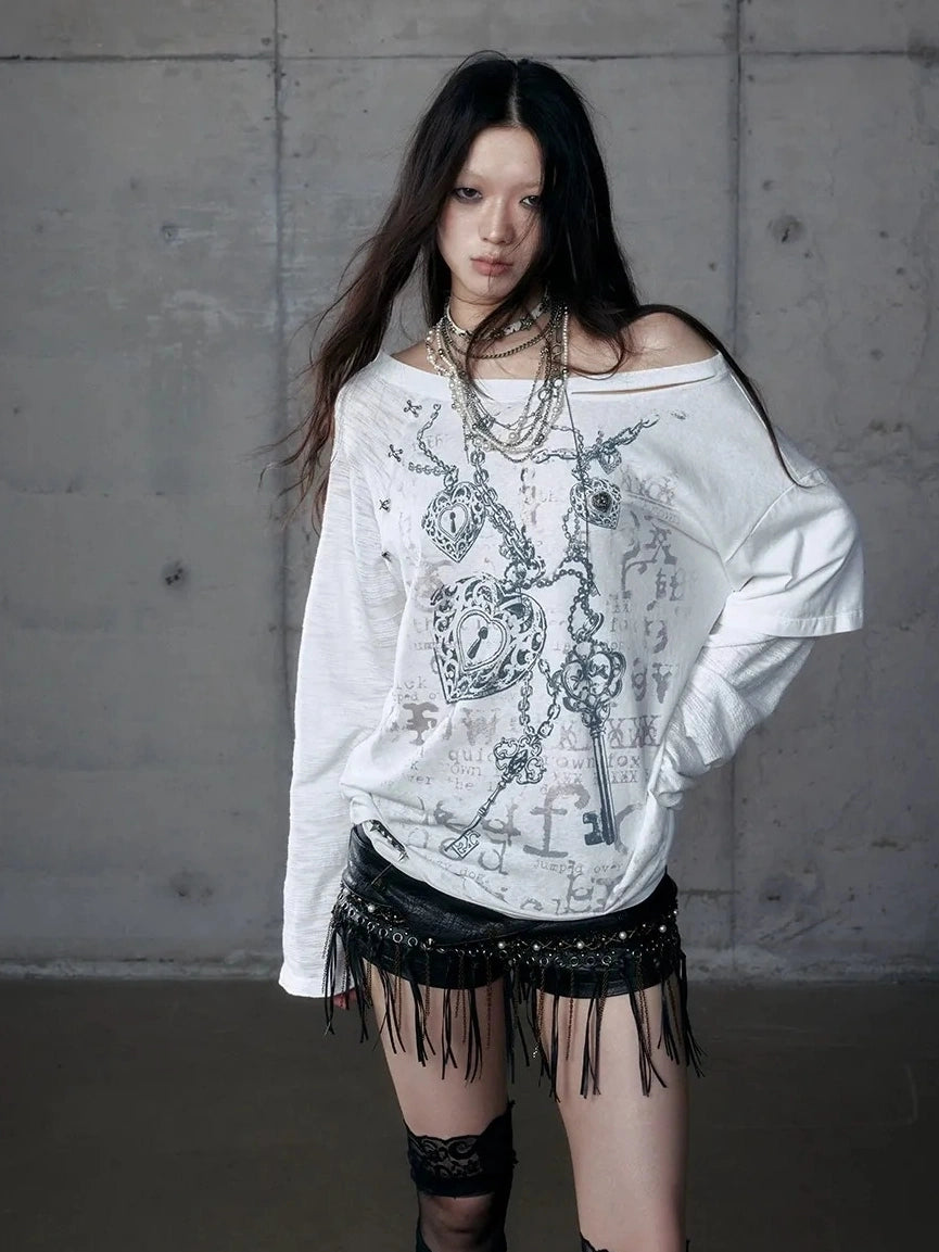 Punk Graphic Print Loose Fit Off Shoulder Long Sleeve Women T-Shirt