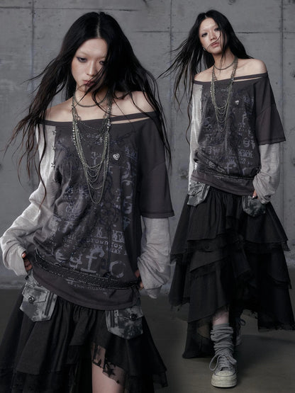 Punk Graphic Print Loose Fit Off Shoulder Long Sleeve Women T-Shirt