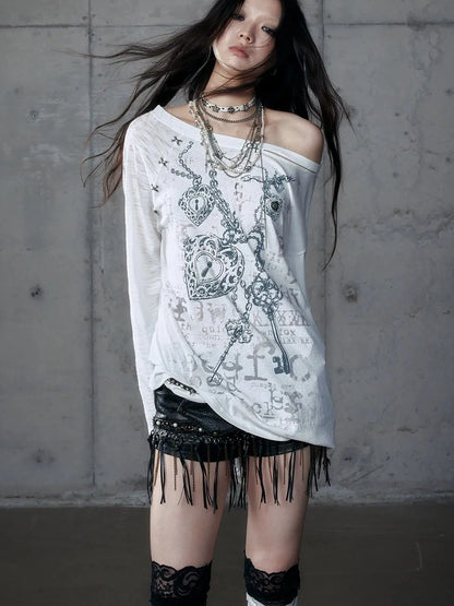 Punk Graphic Print Loose Fit Off Shoulder Long Sleeve Women T-Shirt