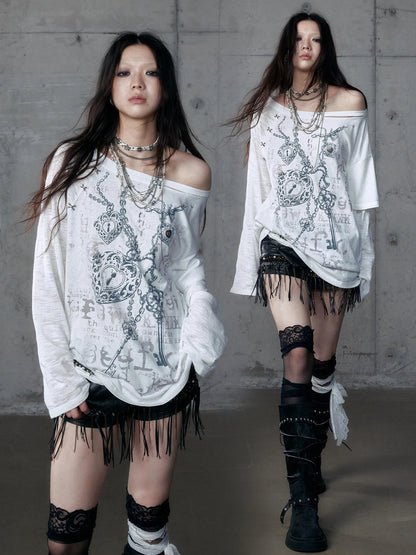 Punk Graphic Print Loose Fit Off Shoulder Long Sleeve Women T-Shirt