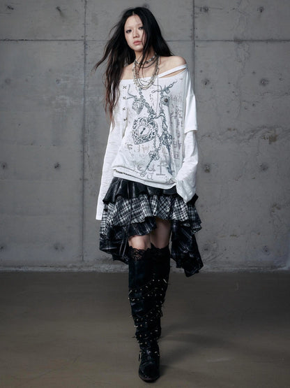 Punk Graphic Print Loose Fit Off Shoulder Long Sleeve Women T-Shirt