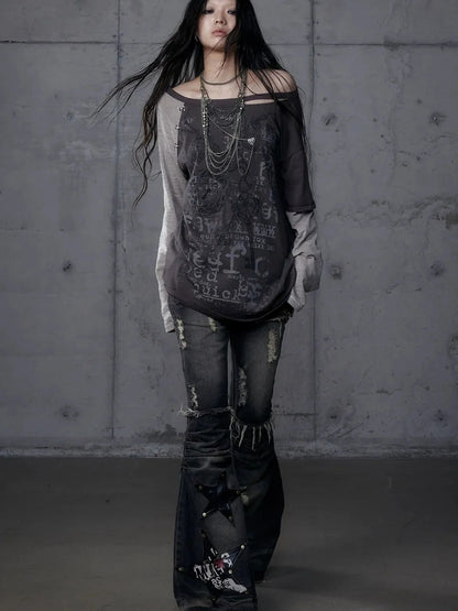 Punk Graphic Print Loose Fit Off Shoulder Long Sleeve Women T-Shirt