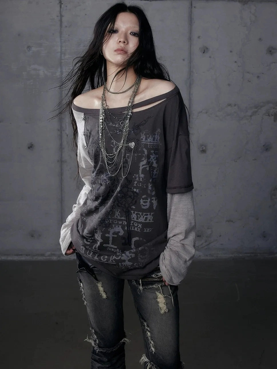 Punk Graphic Print Loose Fit Off Shoulder Long Sleeve Women T-Shirt