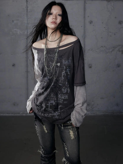 Punk Graphic Print Loose Fit Off Shoulder Long Sleeve Women T-Shirt