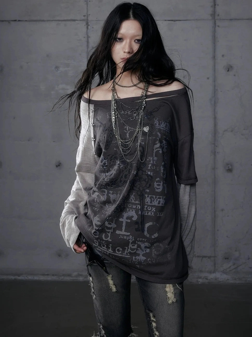 Punk Graphic Print Loose Fit Off Shoulder Long Sleeve Women T-Shirt